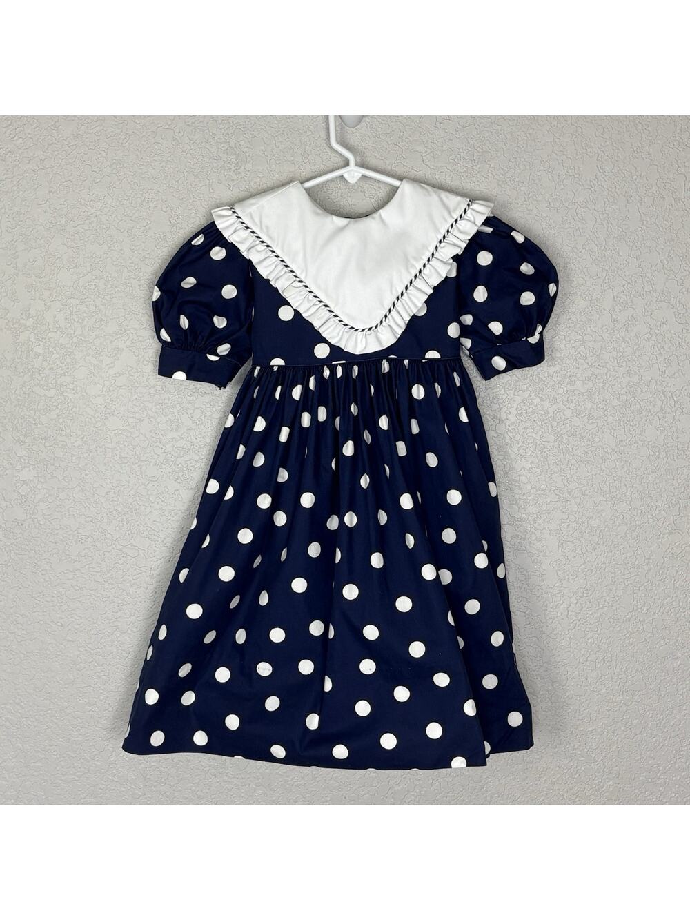 Vtg 80s Monday's Child Girls Dress Bib Sailor Collar Polkadot Navy Size 5